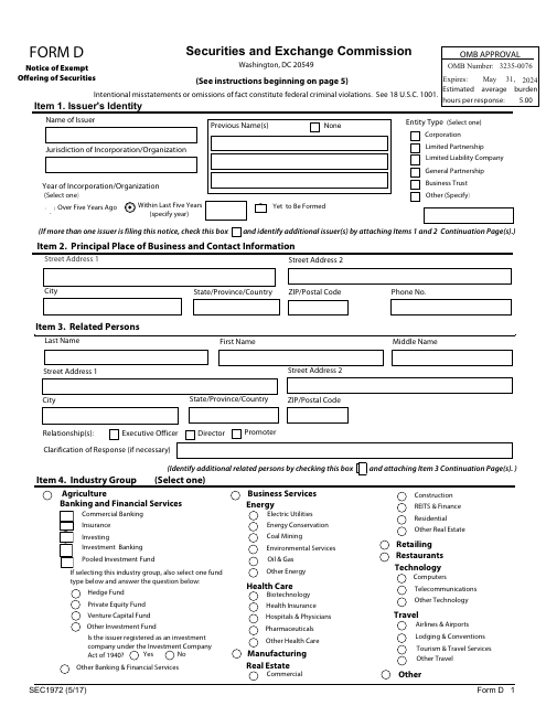 Form D (SEC1972)  Printable Pdf