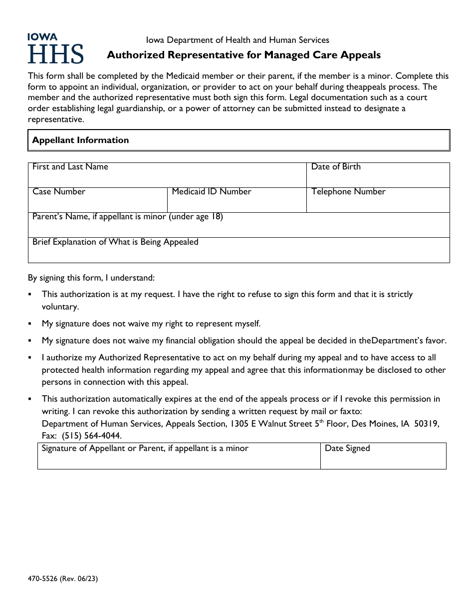 Form 470-5526 Authorized Representative for Managed Care Appeals - Iowa, Page 1