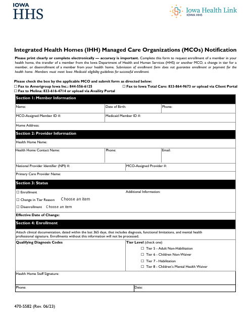 Form 470-5582 Integrated Health Homes (Ihh) Managed Care Organizations (Mcos) Notification - Iowa