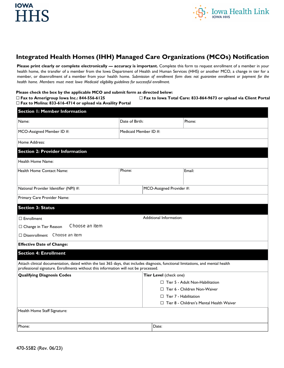 Form 470-5582 Integrated Health Homes (Ihh) Managed Care Organizations (Mcos) Notification - Iowa, Page 1