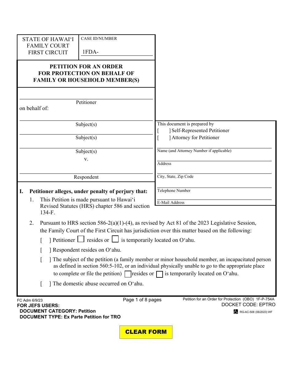 Form 1F-P-754A Petition for an Order for Protection on Behalf of Family or Household Member(S) - Hawaii, Page 1