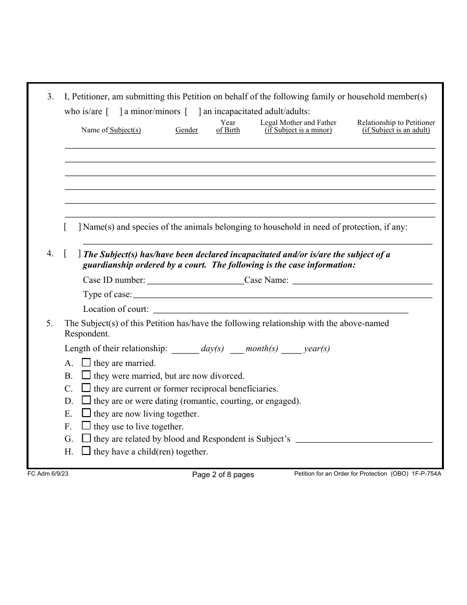 Form 1F-P-754A Petition for an Order for Protection on Behalf of Family or Household Member(S) - Hawaii, Page 2