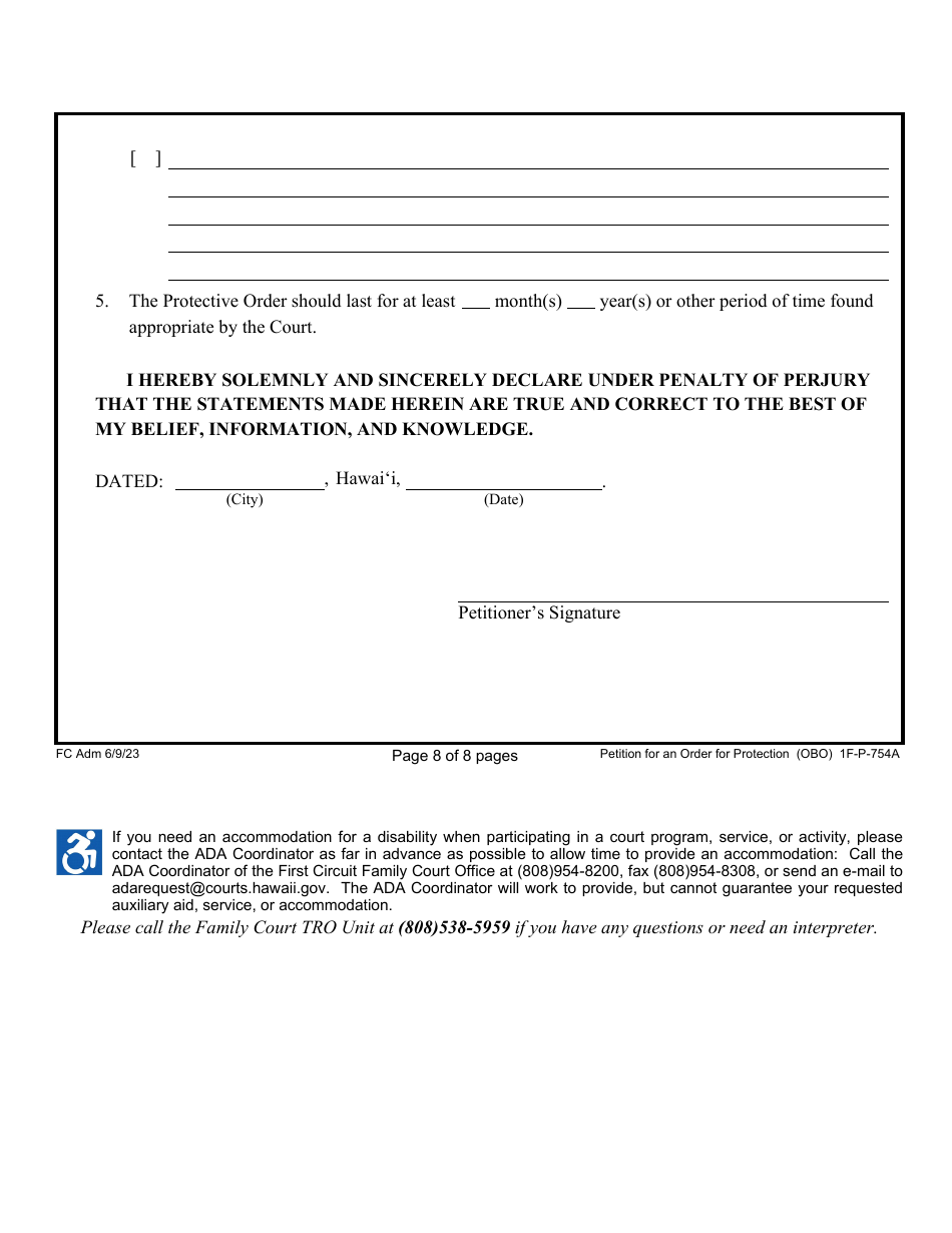 Form 1F-P-754A Petition for an Order for Protection on Behalf of Family or Household Member(S) - Hawaii, Page 8