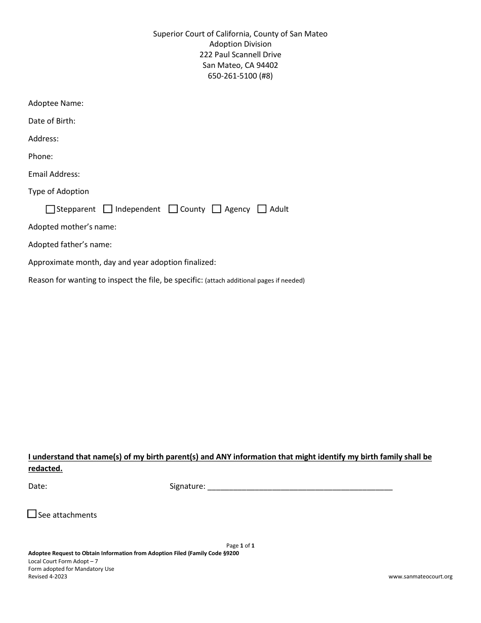 Form ADOPT-7 Adoptee Request to Obtain Information From Adoption Filed - County of San Mateo, California, Page 1