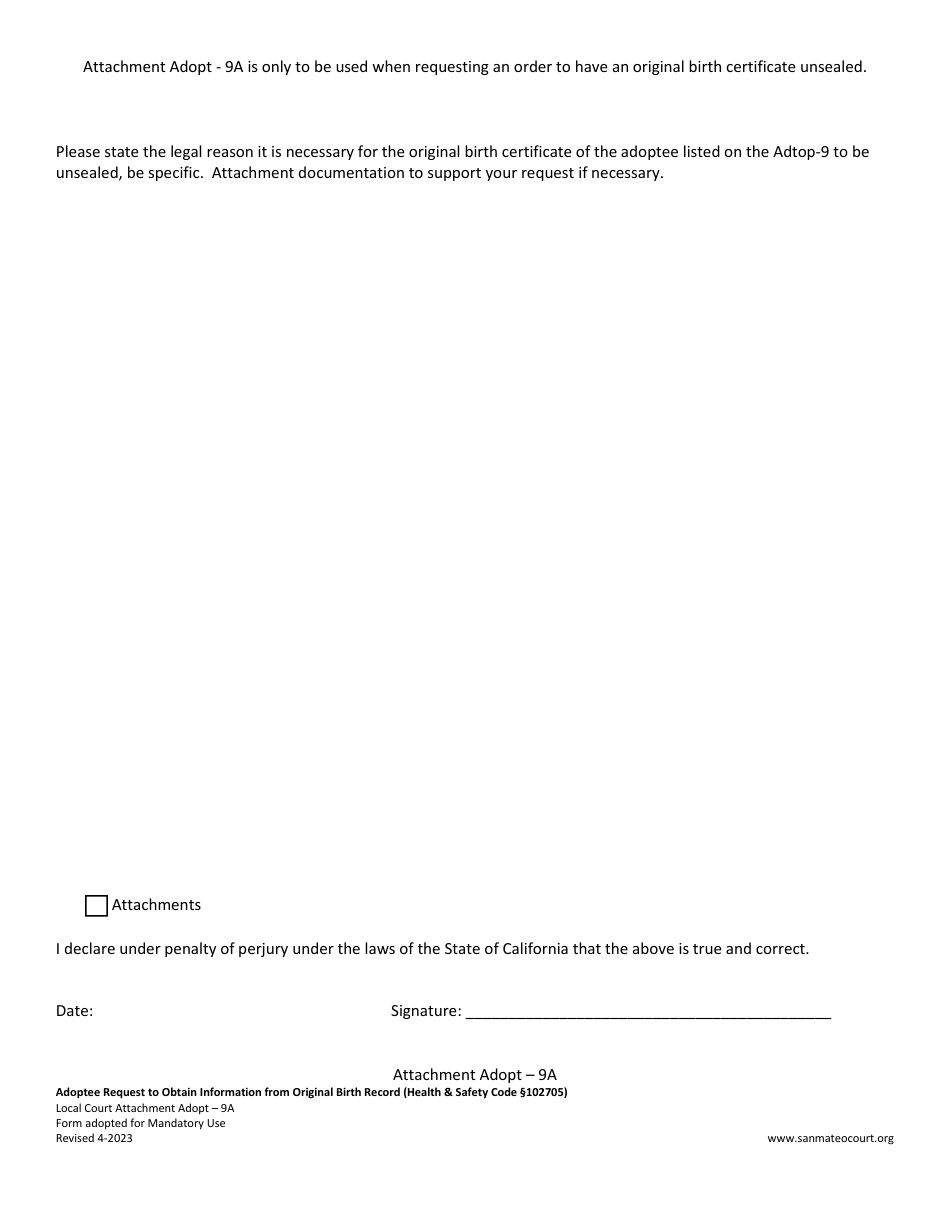 Form ADOPT-9A Adoptee Request to Obtain Information From Original Birth Record - County of San Mateo, California, Page 1