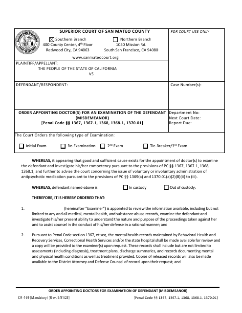 Form CR-169 Order Appointing Doctor(S) for an Examination of the Defendant (Misdemeanor) - County of San Mateo, California