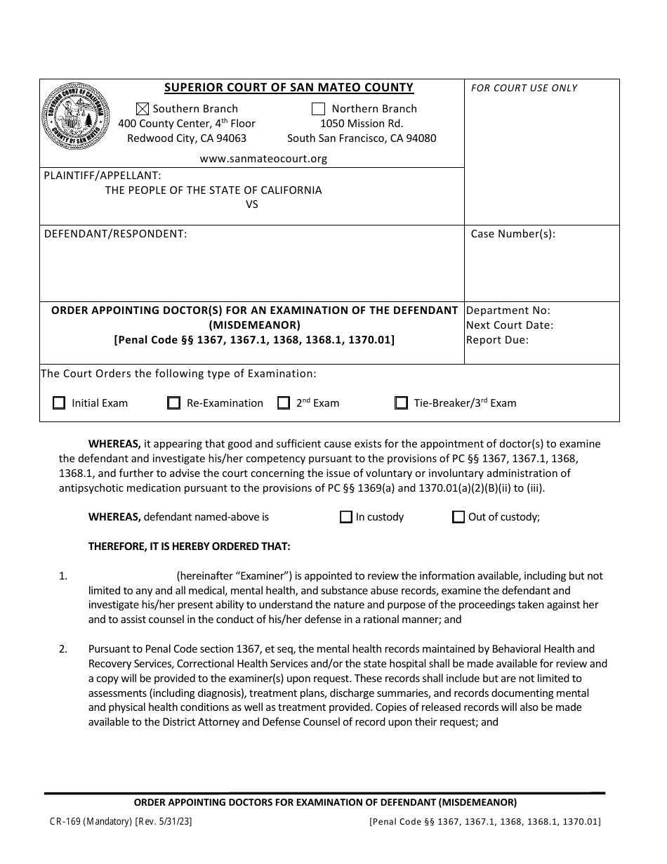 Form CR-169 Order Appointing Doctor(S) for an Examination of the Defendant (Misdemeanor) - County of San Mateo, California, Page 1