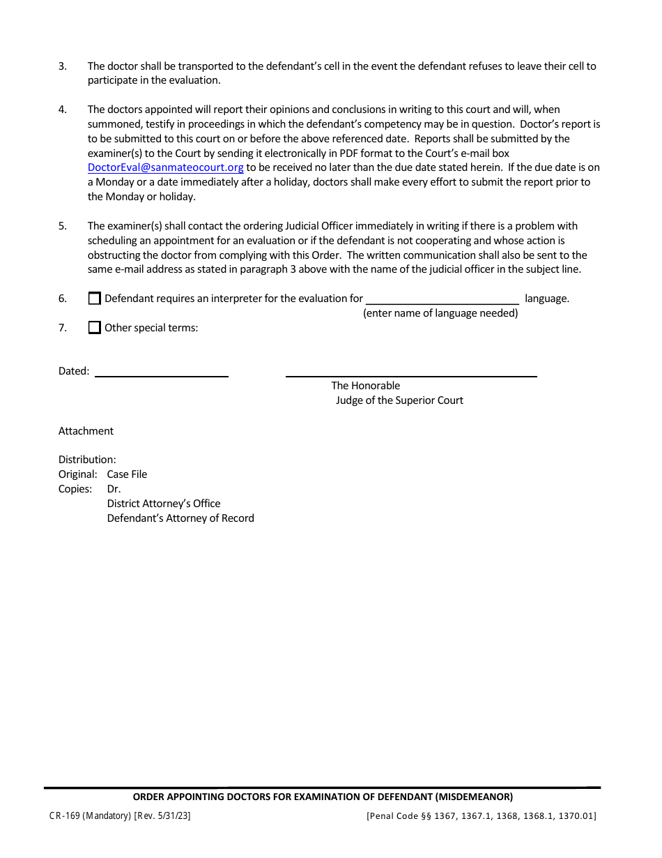 Form CR-169 Order Appointing Doctor(S) for an Examination of the Defendant (Misdemeanor) - County of San Mateo, California, Page 2