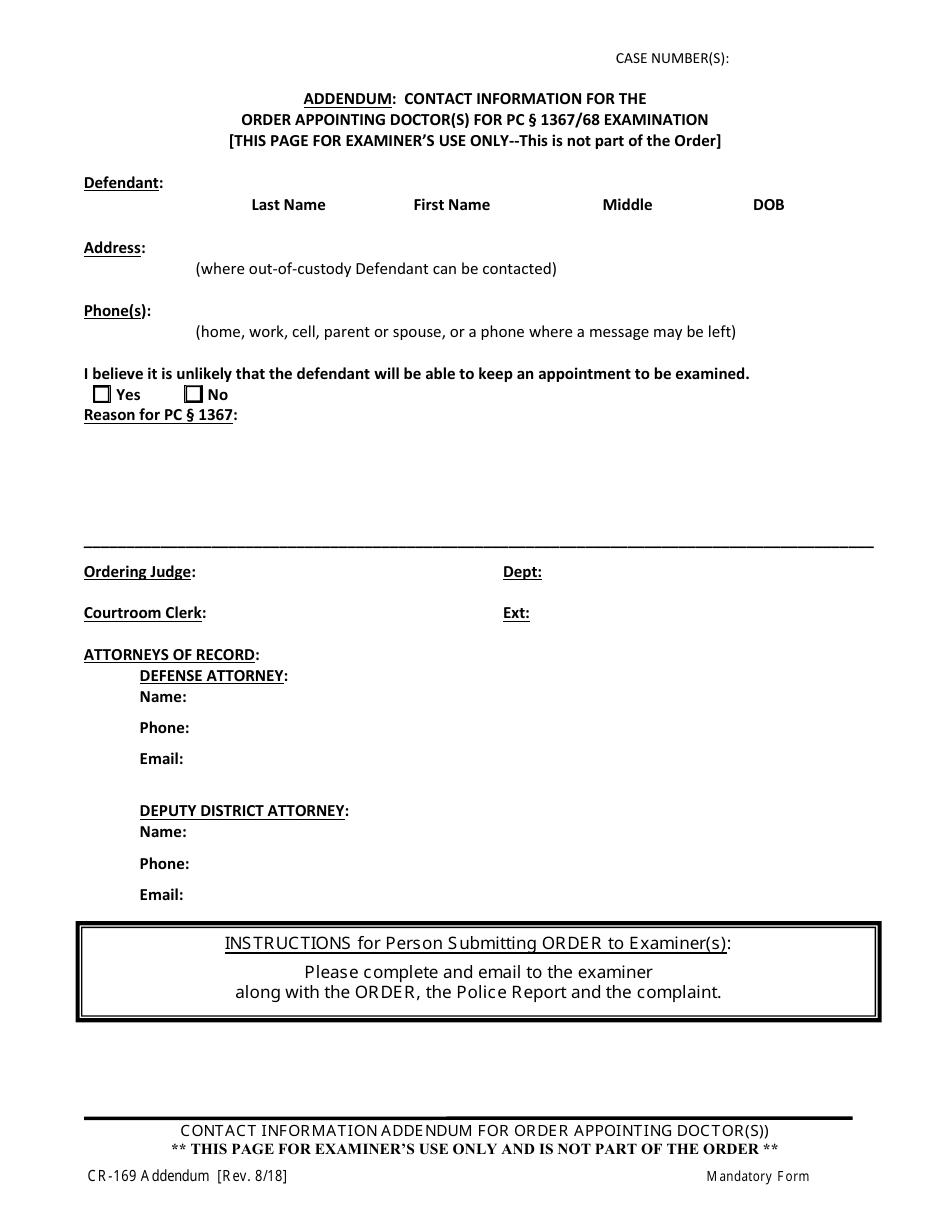 Form CR-169 Order Appointing Doctor(S) for an Examination of the Defendant (Misdemeanor) - County of San Mateo, California, Page 3