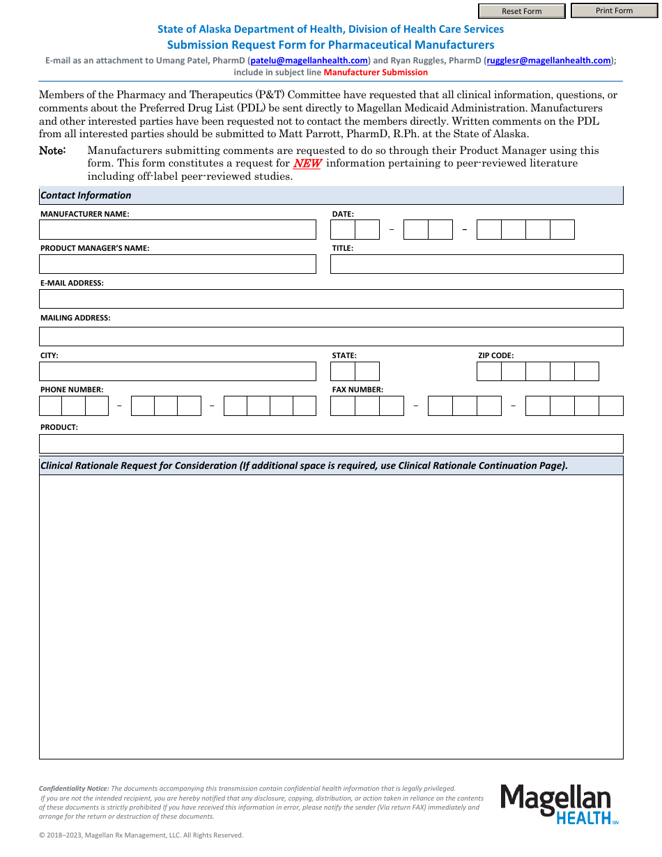 Submission Request Form for Pharmaceutical Manufacturers - Magellan Health - Alaska, Page 1