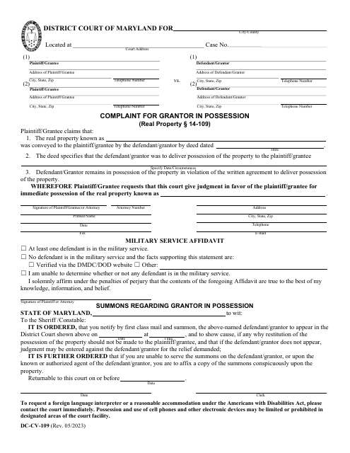Form DC-CV-109 Complaint for Grantor in Possession - Maryland