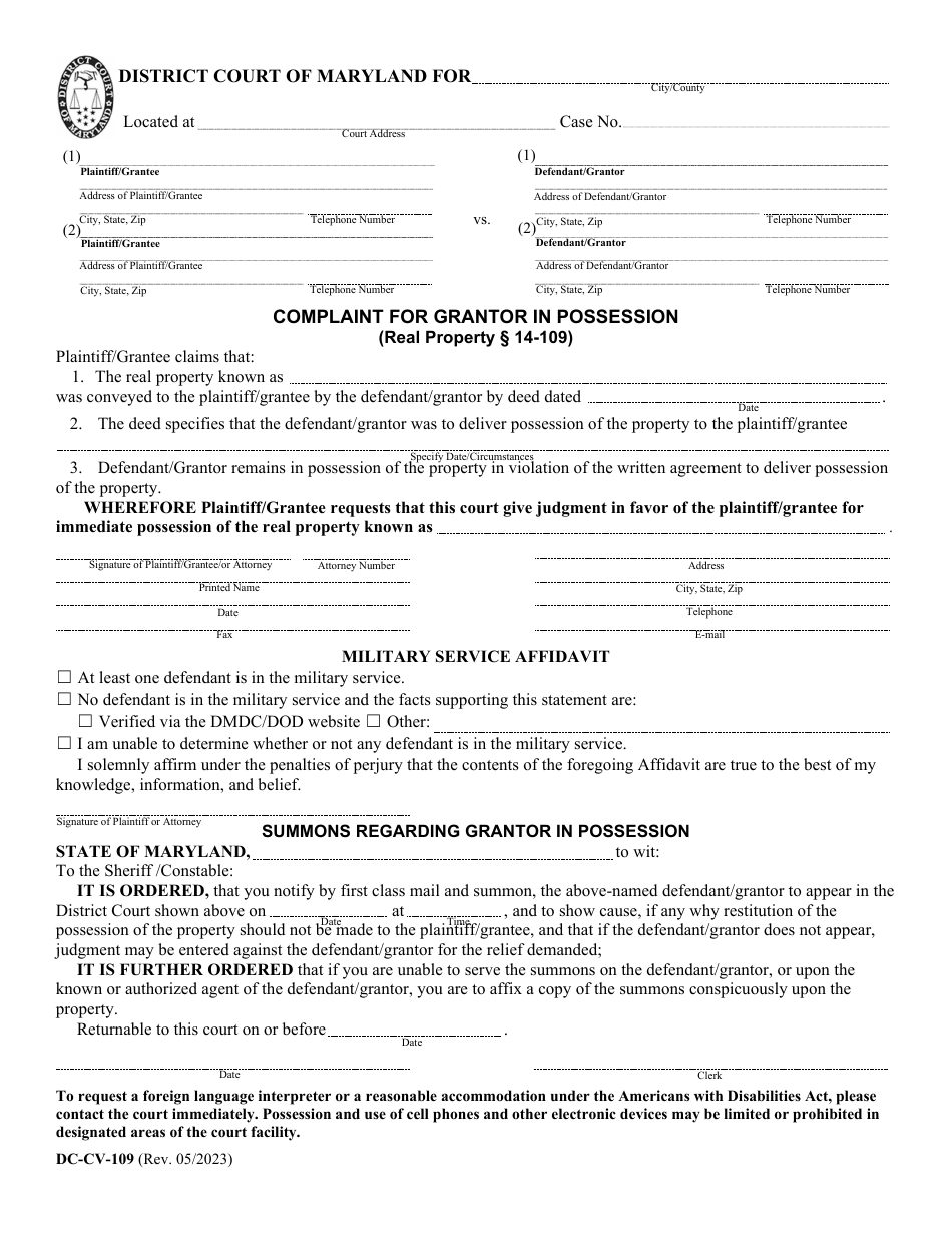 Form DC-CV-109 Complaint for Grantor in Possession - Maryland, Page 1
