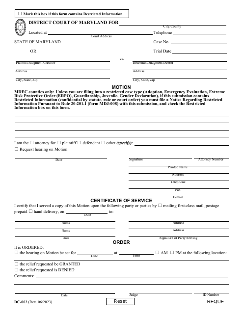 Form DC-002 Motion/Certificate of Service/Order - Maryland