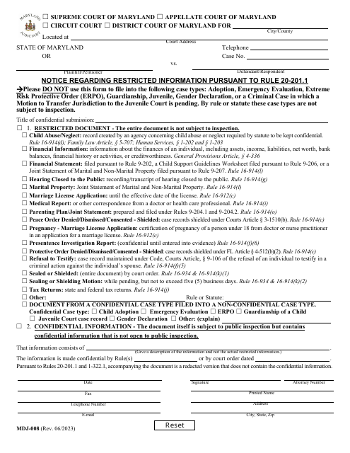 Form MDJ-008 Notice Regarding Restricted Information Pursuant to Rule 20-201.1 - Maryland