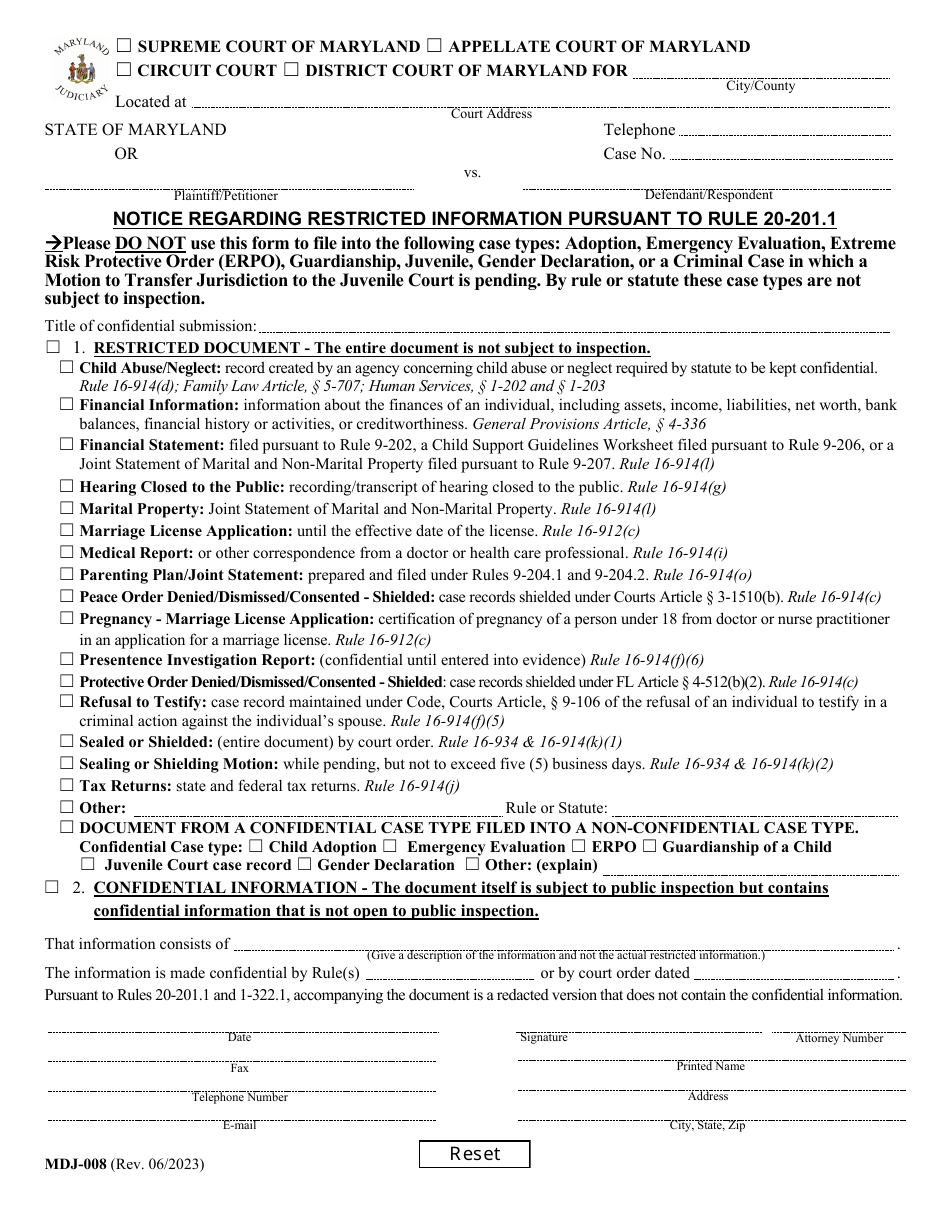 Form MDJ-008 Notice Regarding Restricted Information Pursuant to Rule 20-201.1 - Maryland, Page 1