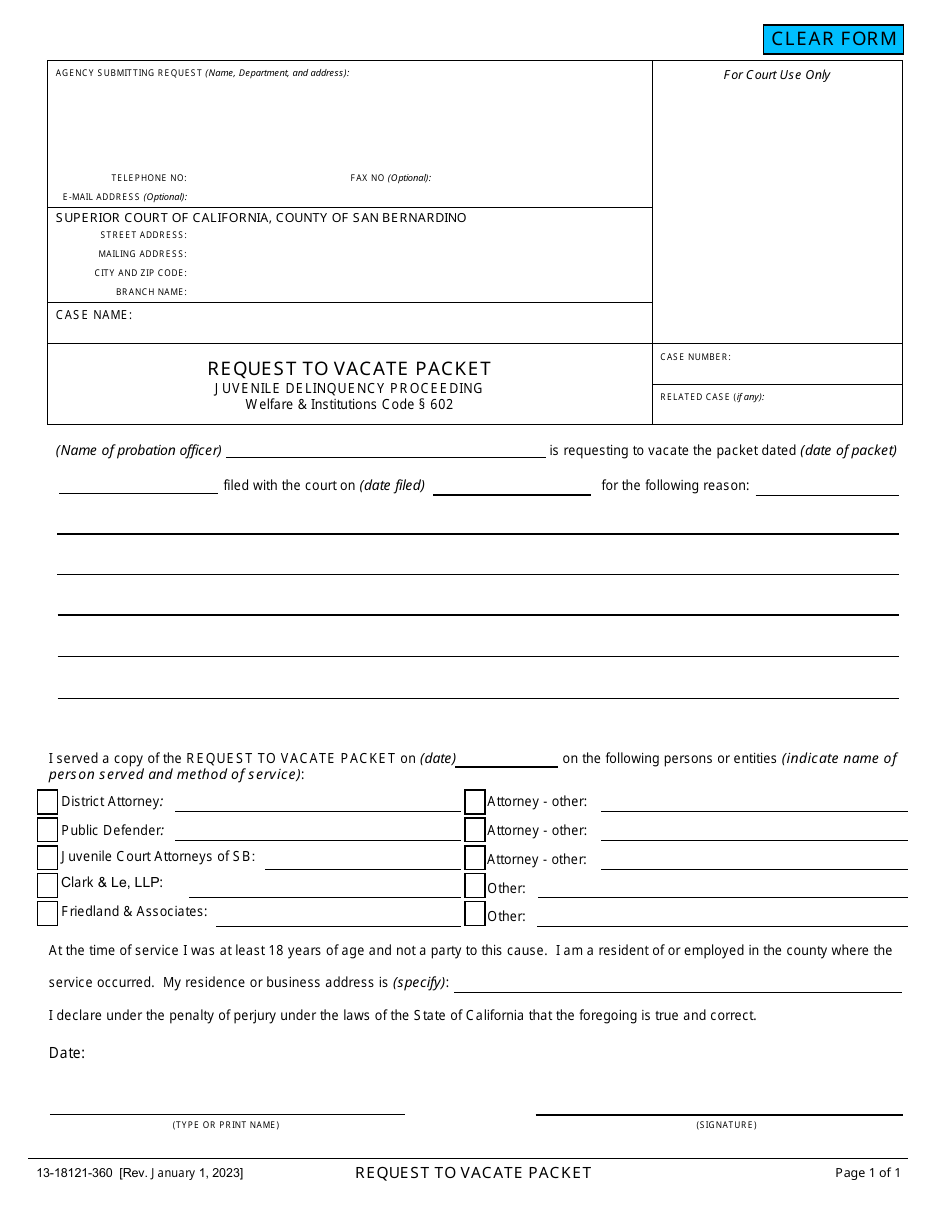 Form 13-18121-360 Request to Vacate Packet - County of San Bernardino, California, Page 1