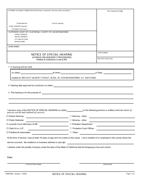 Form 19558 Notice of Special Hearing - County of San Bernardino, California