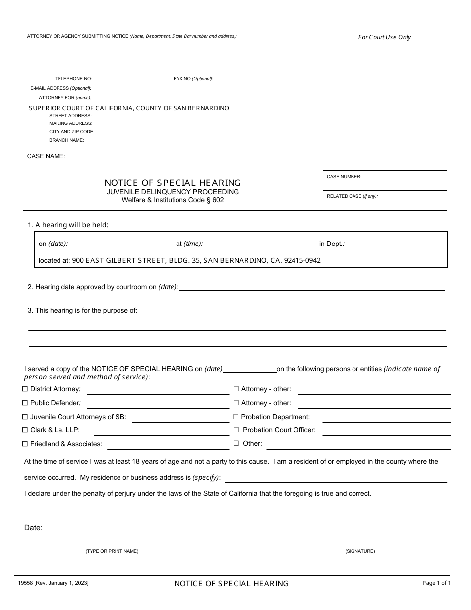 Form 19558 Notice of Special Hearing - County of San Bernardino, California, Page 1