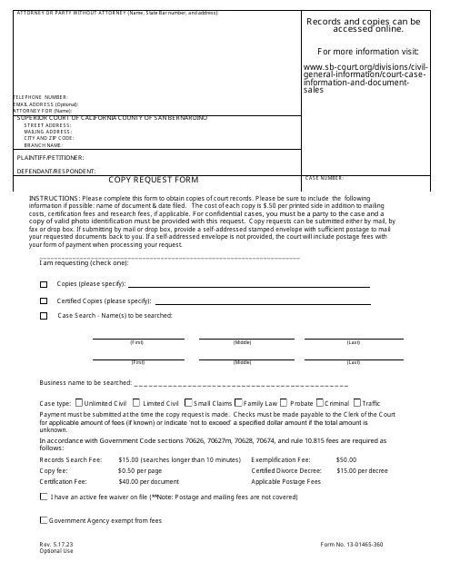 Form 13-01465-360 Copy Request Form - County of San Bernardino, California