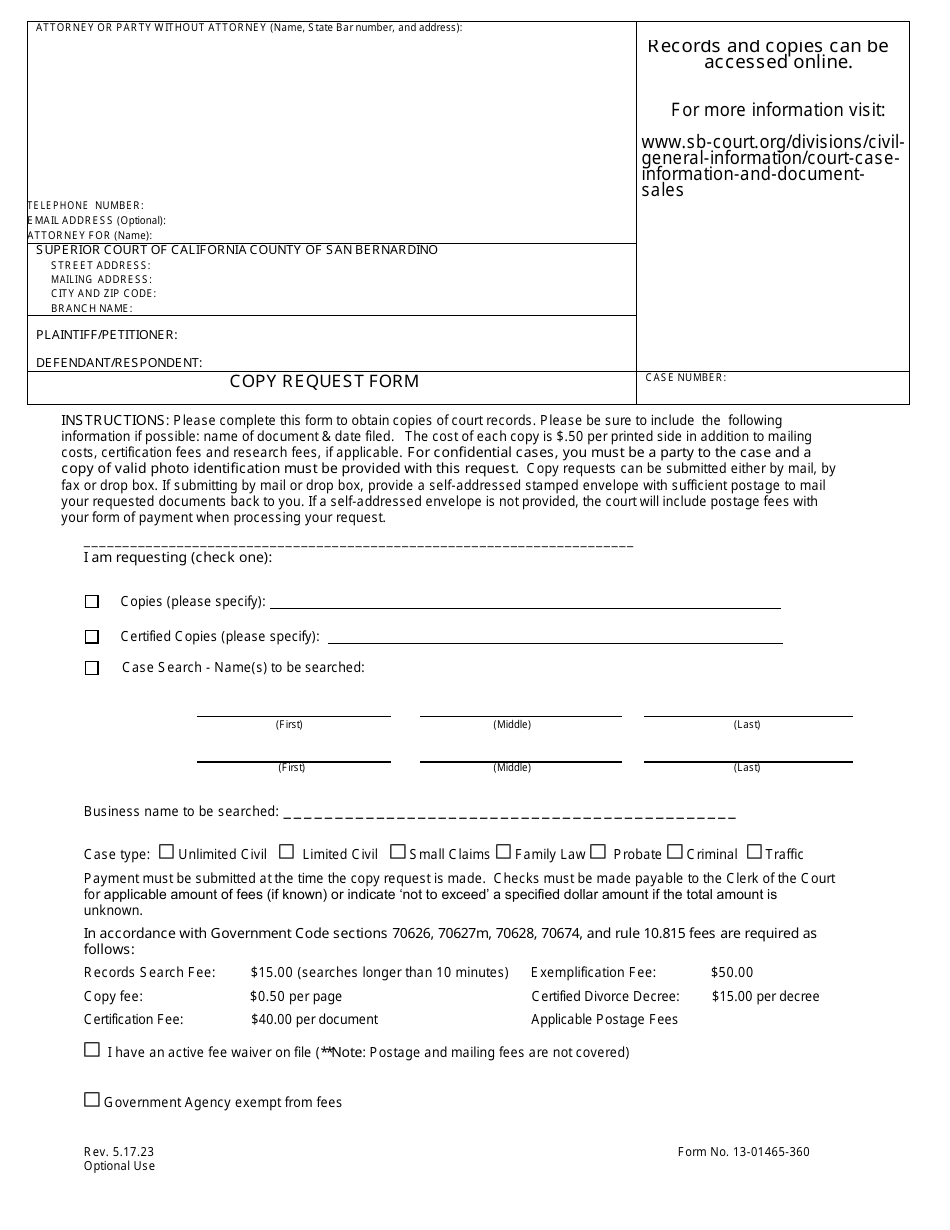 Form 13-01465-360 Copy Request Form - County of San Bernardino, California, Page 1