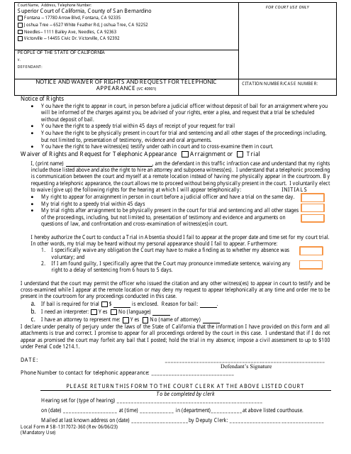 Form SB-1317072-360 Notice and Waiver of Rights and Request for Telephonic Appearance - County of San Bernardino, California