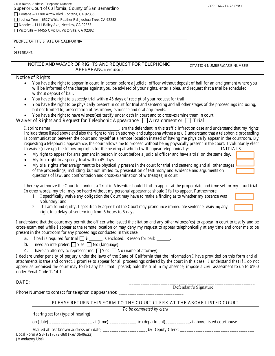 Form SB-1317072-360 Notice and Waiver of Rights and Request for Telephonic Appearance - County of San Bernardino, California, Page 1