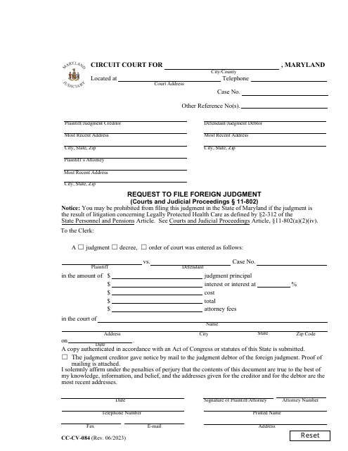 Form CC-CV-084 Request to File Foreign Judgment - Maryland