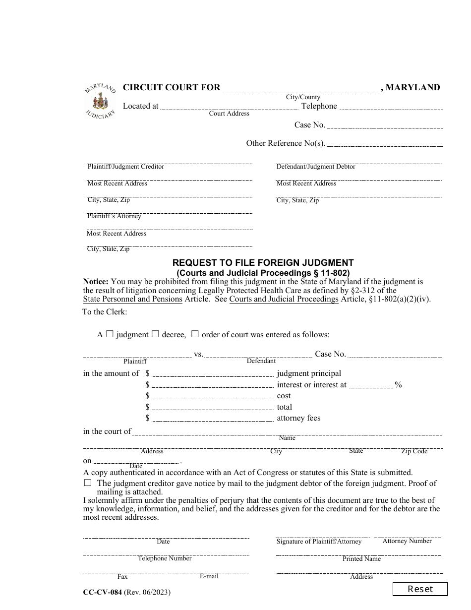 Form CC-CV-084 Request to File Foreign Judgment - Maryland, Page 1