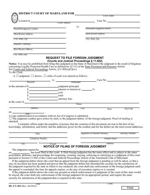 Form DC-CV-015 Request to File Foreign Judgment - Maryland
