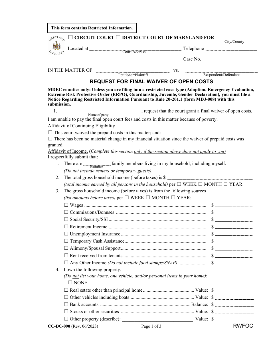 Form CC-DC-090 Request for Final Waiver of Open Costs - Maryland, Page 1