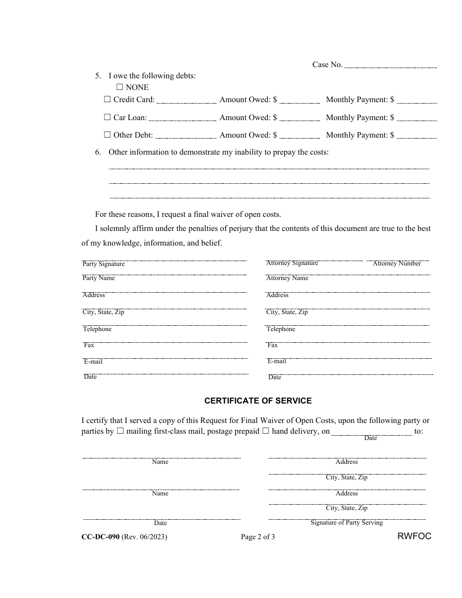 Form CC-DC-090 Request for Final Waiver of Open Costs - Maryland, Page 2