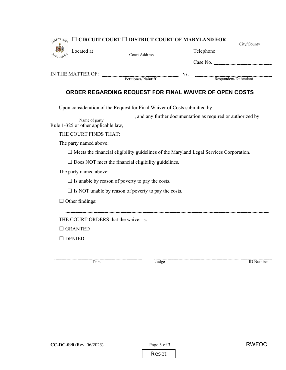 Form CC-DC-090 Request for Final Waiver of Open Costs - Maryland, Page 3
