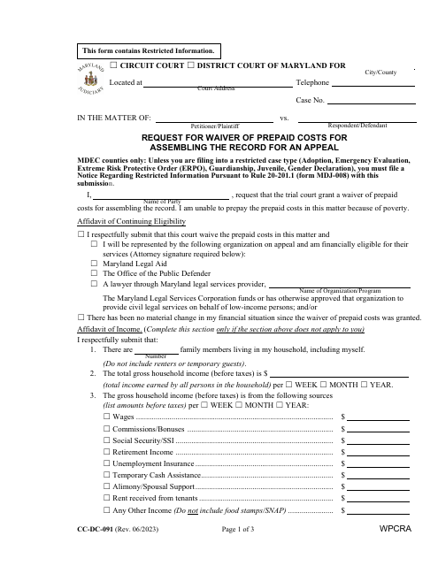 Form CC-DC-091 Request for Waiver of Prepaid Costs for Assembling the Record for an Appeal - Maryland