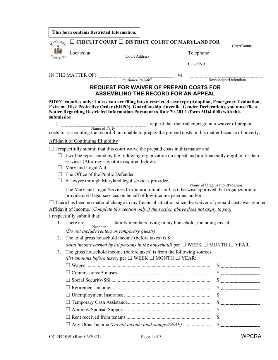 Form CC-DC-091 Request for Waiver of Prepaid Costs for Assembling the Record for an Appeal - Maryland, Page 1