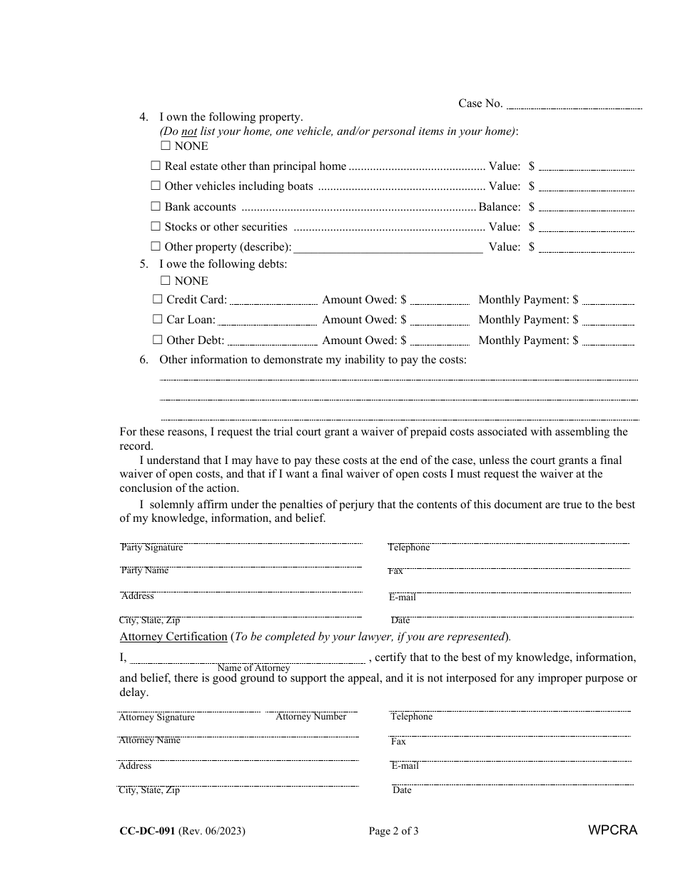 Form CC-DC-091 Request for Waiver of Prepaid Costs for Assembling the Record for an Appeal - Maryland, Page 2