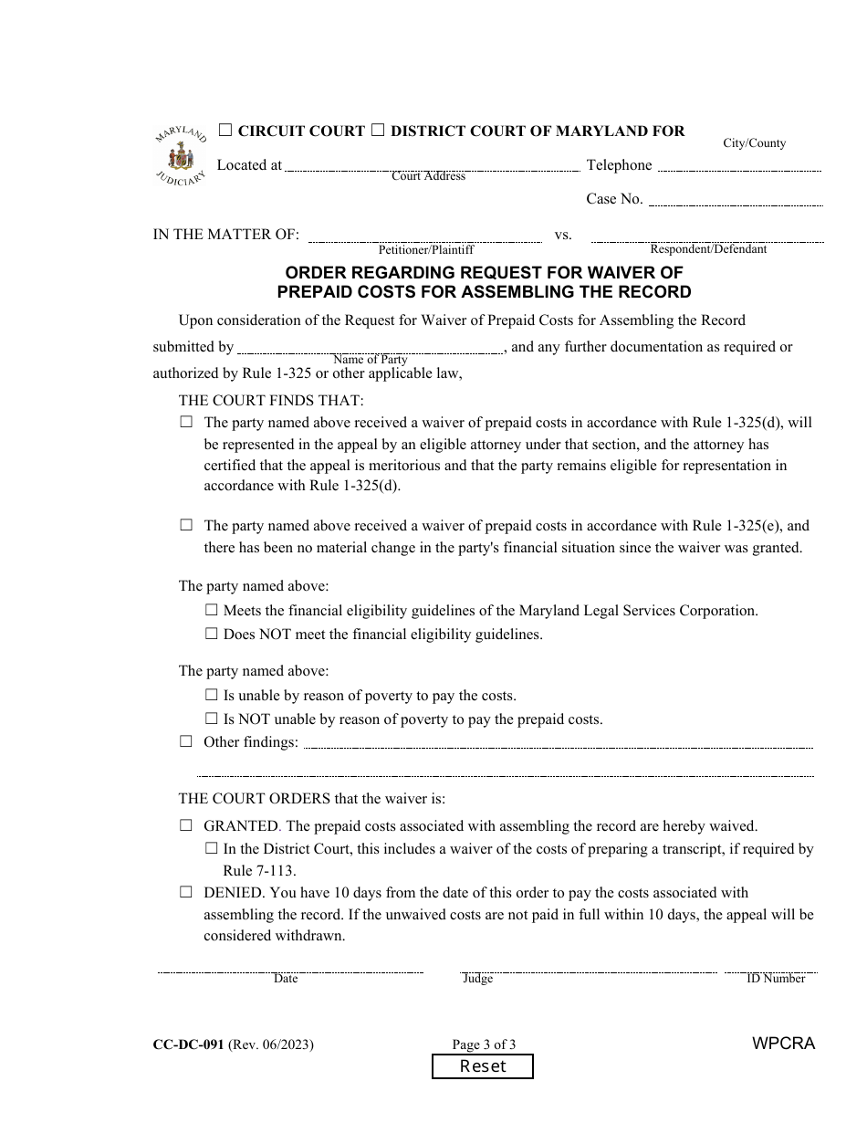 Form CC-DC-091 Request for Waiver of Prepaid Costs for Assembling the Record for an Appeal - Maryland, Page 3
