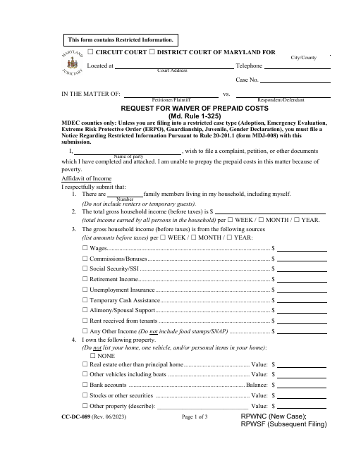Form CC-DC-089 Request for Waiver of Prepaid Costs - Maryland