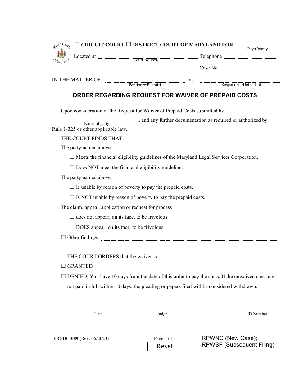 Form CC-DC-089 Request for Waiver of Prepaid Costs - Maryland, Page 3