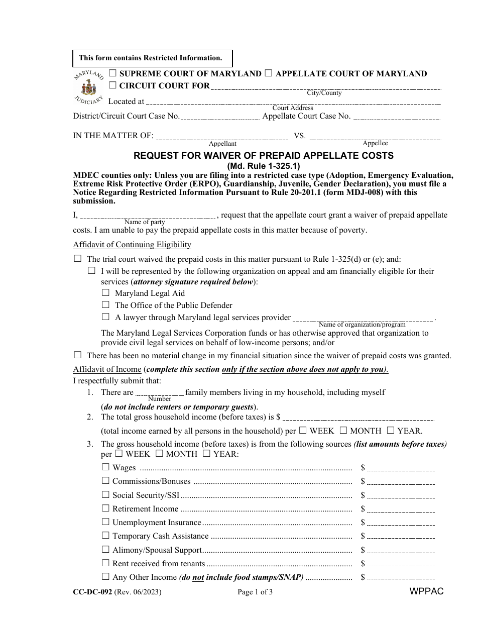 Form CC-DC-092 Request for Waiver of Prepaid Appellate Costs - Maryland, Page 1