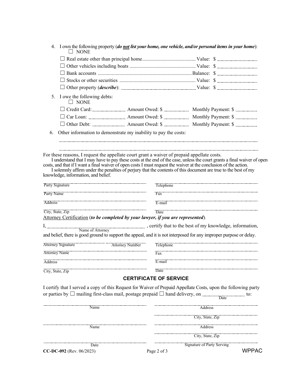 Form CC-DC-092 Request for Waiver of Prepaid Appellate Costs - Maryland, Page 2