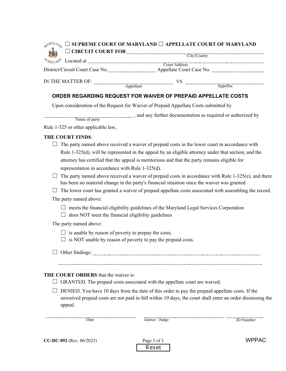 Form CC-DC-092 Request for Waiver of Prepaid Appellate Costs - Maryland, Page 3