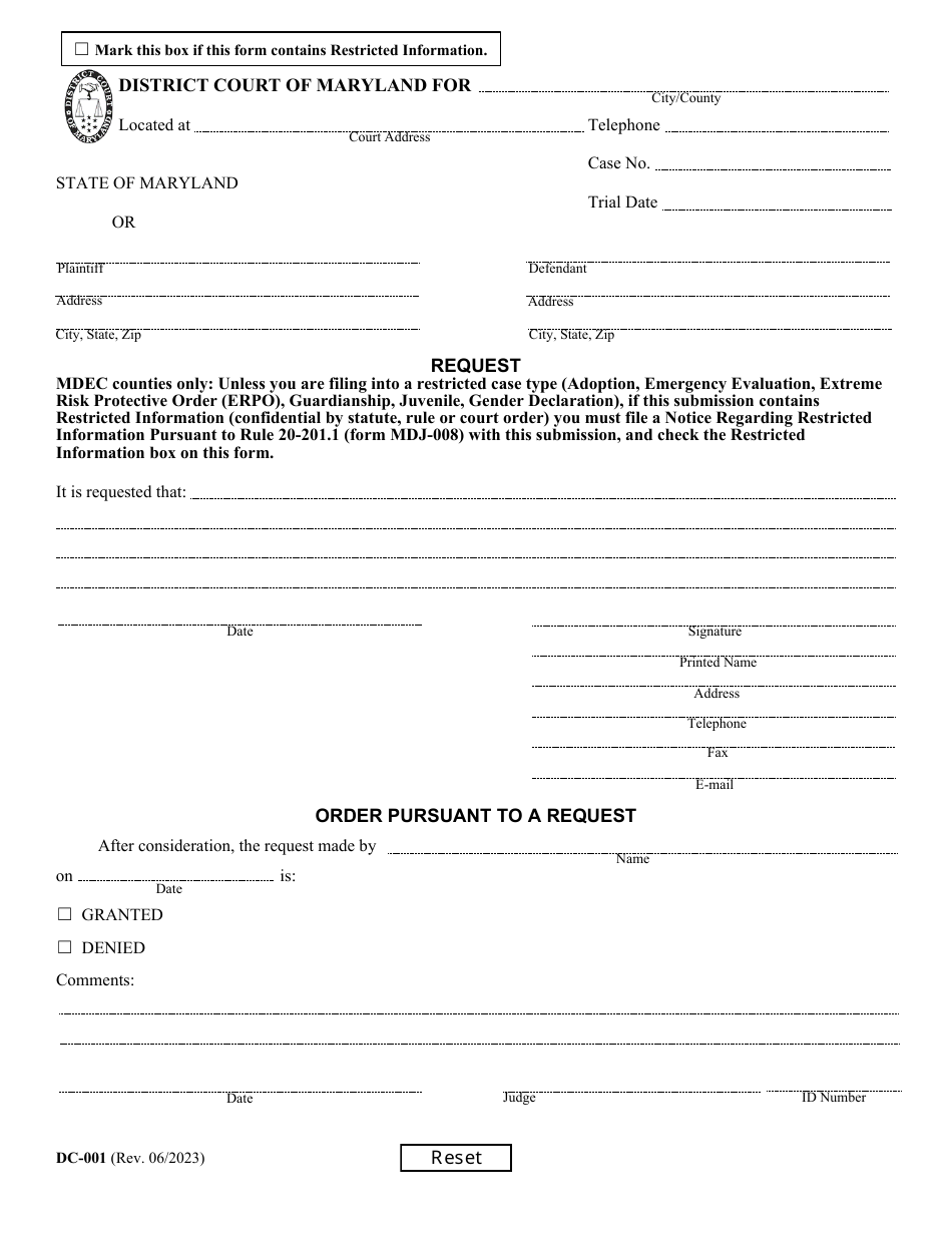 Form DC-001 Request - Maryland, Page 1