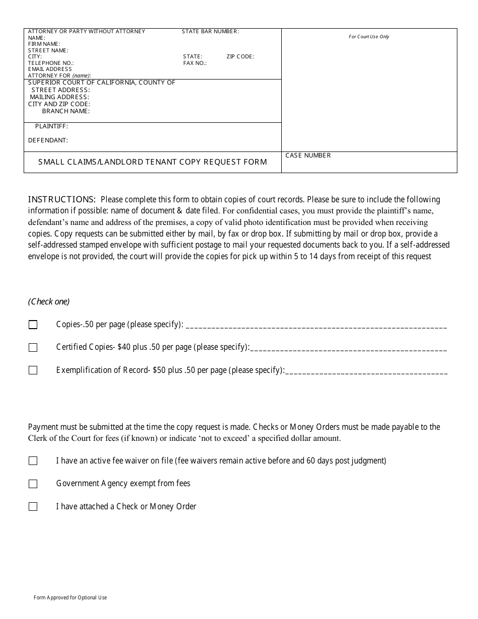 Small Claims / Landlord Tenant Copy Request Form - California, Page 1