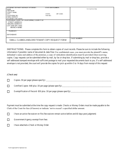 Small Claims / Landlord Tenant Copy Request Form - California Download Pdf