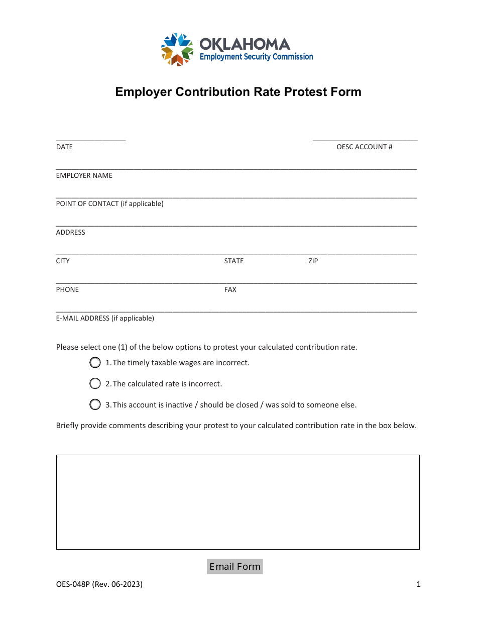 Form OES-048P Employer Contribution Rate Protest Form - Oklahoma, Page 1