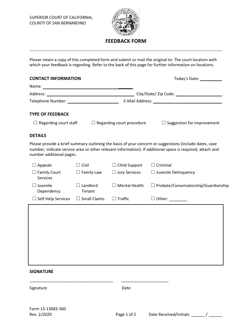 Form 13-13683-360 Feedback Form - County of San Bernardino, California