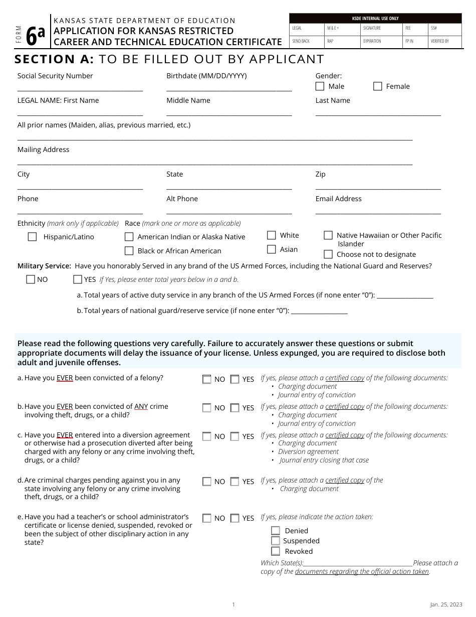 Form 6A Application for Kansas Restricted Career and Technical Education Certificate - Kansas, Page 3