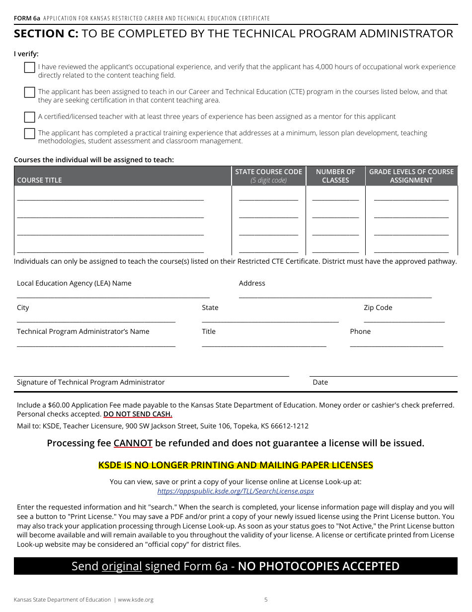 Form 6A Application for Kansas Restricted Career and Technical Education Certificate - Kansas, Page 7