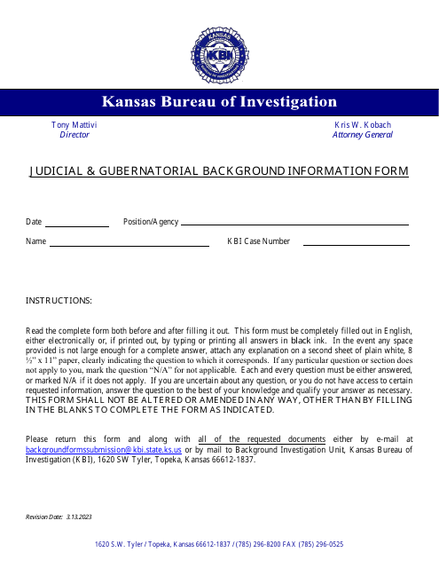 Judicial & Gubernatorial Background Information Form - Kansas