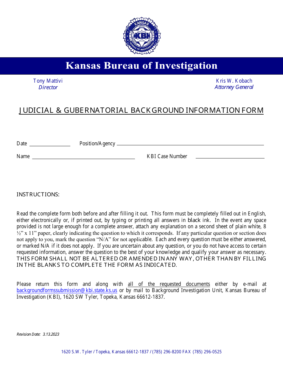 Judicial  Gubernatorial Background Information Form - Kansas, Page 1